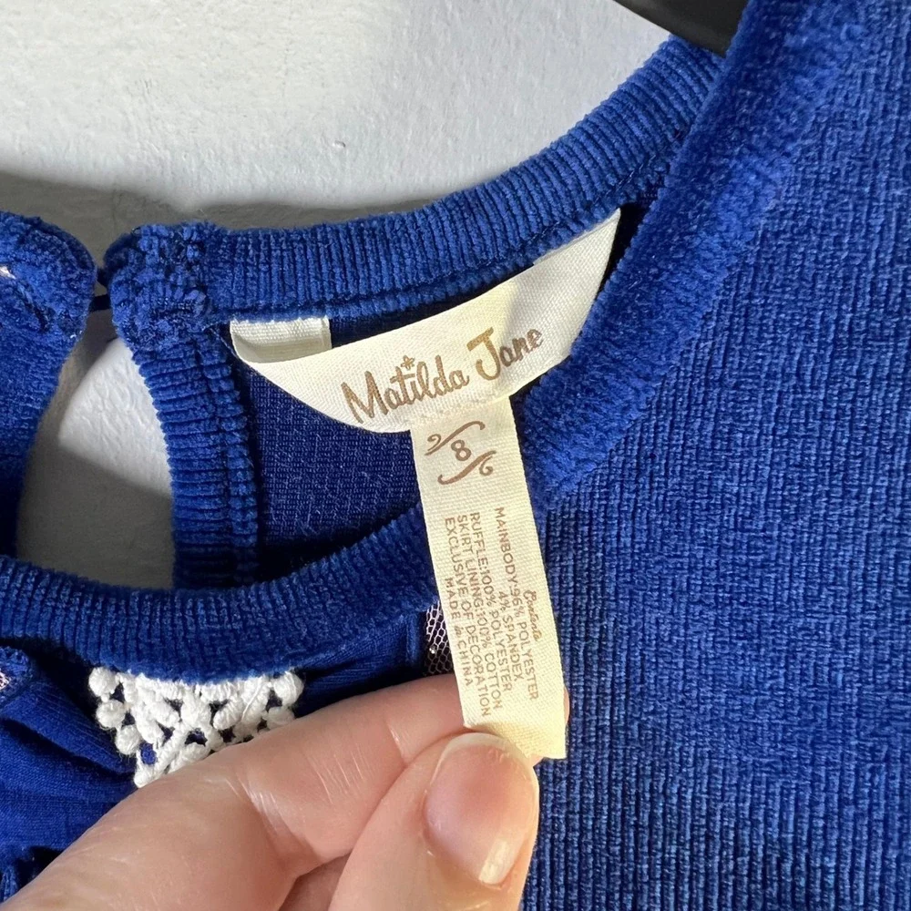 Matilda Jane Girls Sz 8 Blue Clara Heart to Heart Corduroy‎ Ruffle Tulle Dress